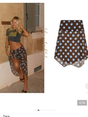 Zara Brown Midi Skirt with Blue Polka Dots